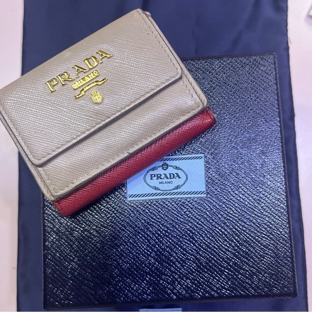 PRADA Mini Compact Trifold Wallet Tan Red Prada Safiano Leather Wallet Prada BOX